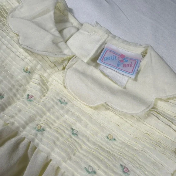 Petit Ami Bubble Romper Girls 6M Vintage Yellow Smocked Floral Embroidered - Picture 3 of 11
